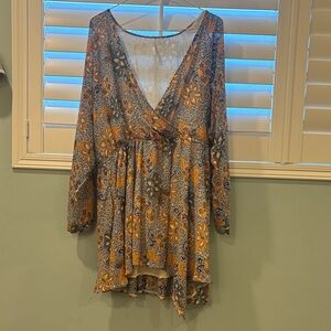 Free People Floral Midi Dress - Orange and Blue